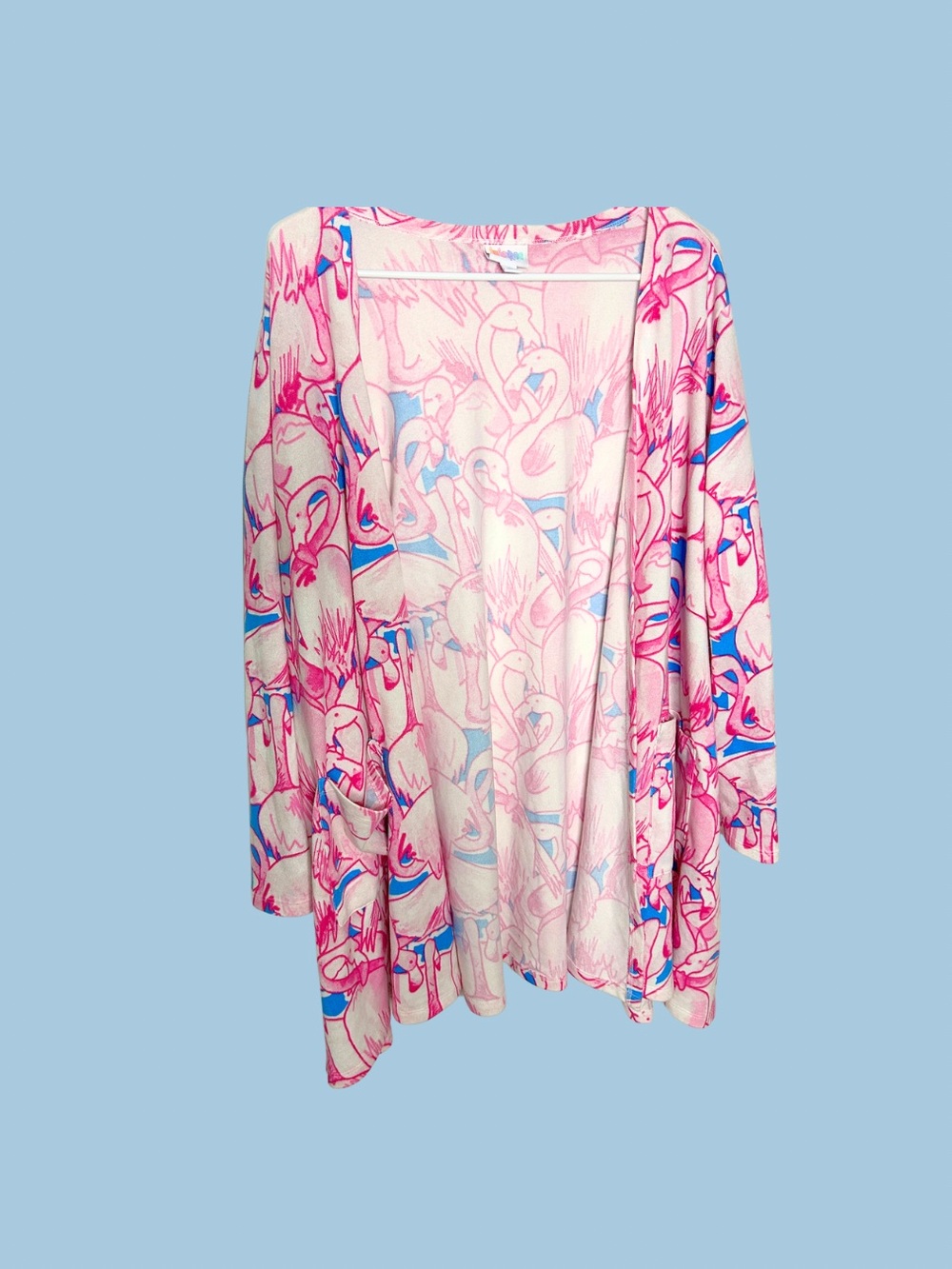 LuLaRoe Pink Flamingo Print Open Cardigan with Blue Accents